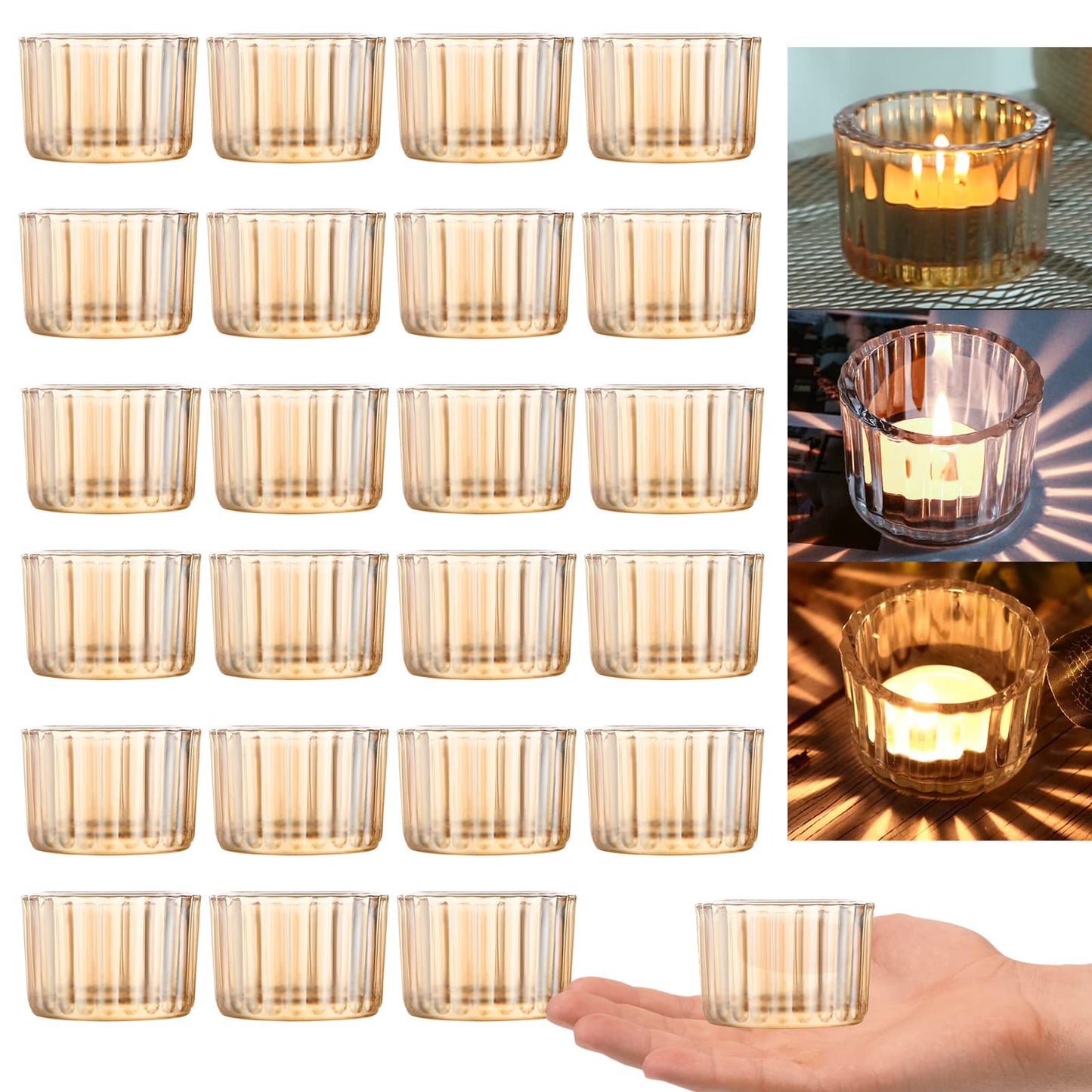 GOLDEAL Gold Round Tealight Candle Holders,Set of 24 Thick Glass Tea Light Candle Holder Decor,Candlestick for Wedding Decor,Party,Baby Shower Party,Bridal Shower Party,Table Centerpiece, Home Décor