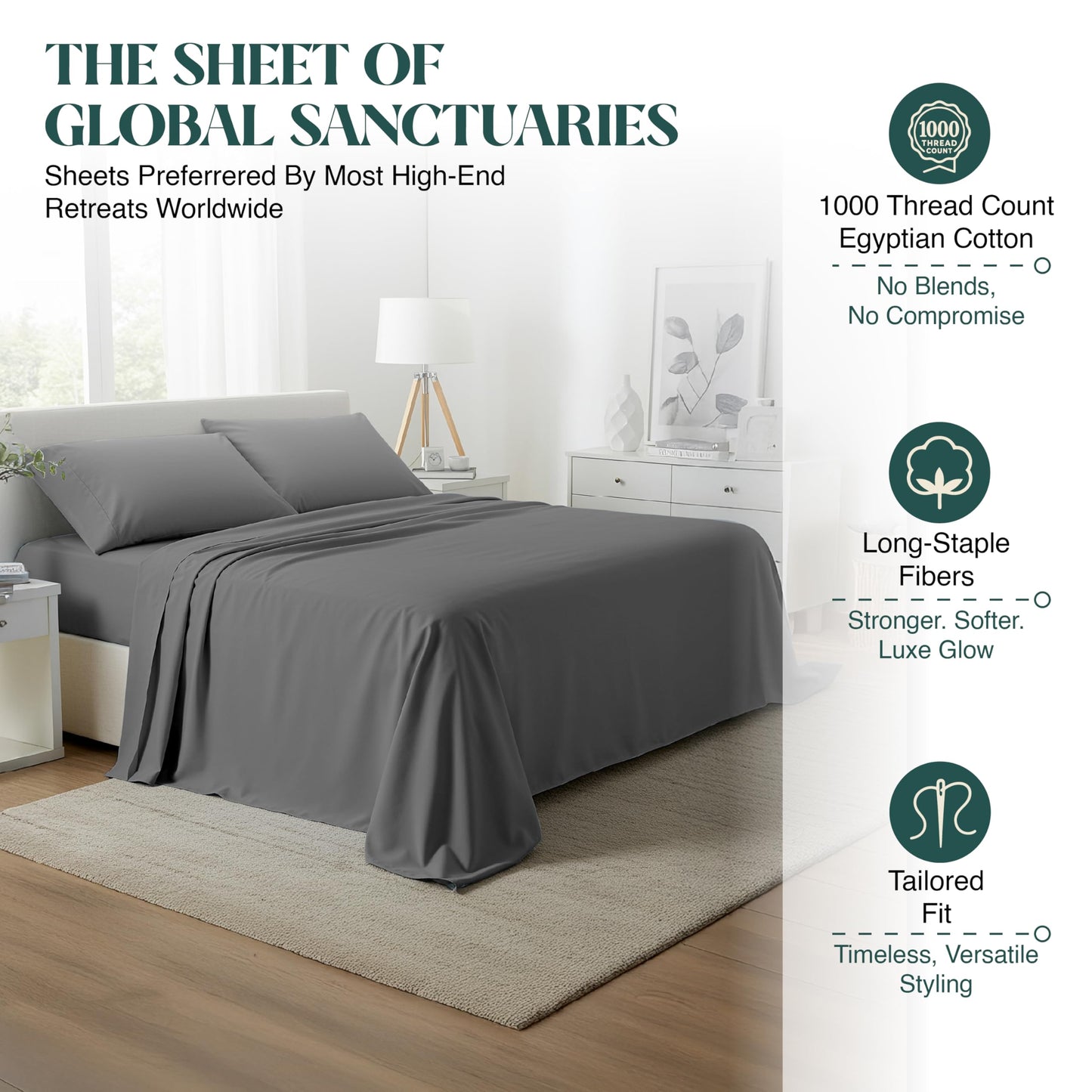 BlissBay Weave 100% Egyptian Cotton Sheet Set King Size 4 PCs Sateen Weave Cooling Soft Wrinkle Resistant 18 inches Deep Pocket | 1 Fitted Sheet, 1 Flat Sheet, 2 Pillowcases | Dark Grey