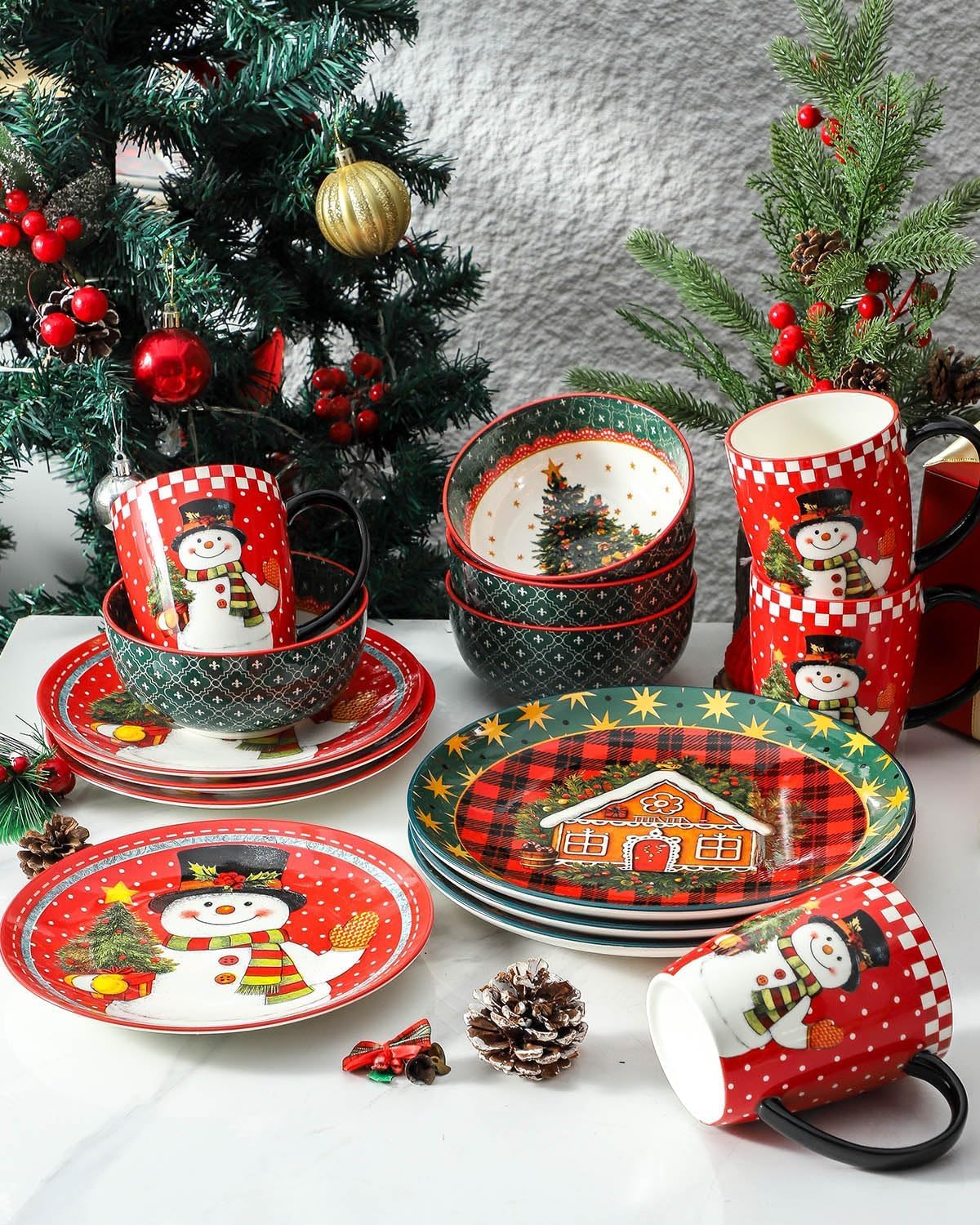 HASENSE Coffee Mugs, 15 OZ Coffee Cups Ceramic Set of 4 with Handle and Snowman Patterns for Man Woman, Colorful Christmas Porcelain Coffee Cups Set for Tea, Cocoa, Milk, Latte and Cappuccino