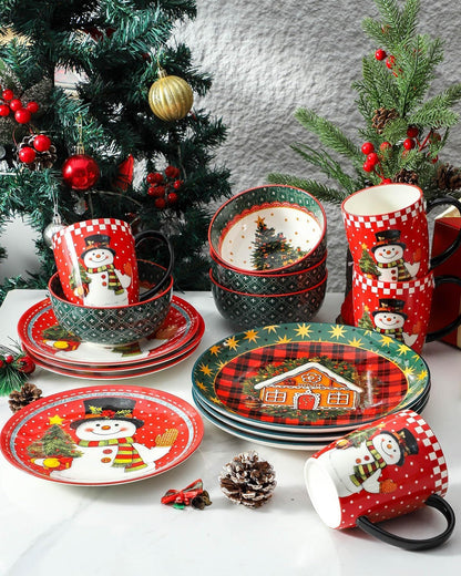 HASENSE Coffee Mugs, 15 OZ Coffee Cups Ceramic Set of 4 with Handle and Snowman Patterns for Man Woman, Colorful Christmas Porcelain Coffee Cups Set for Tea, Cocoa, Milk, Latte and Cappuccino