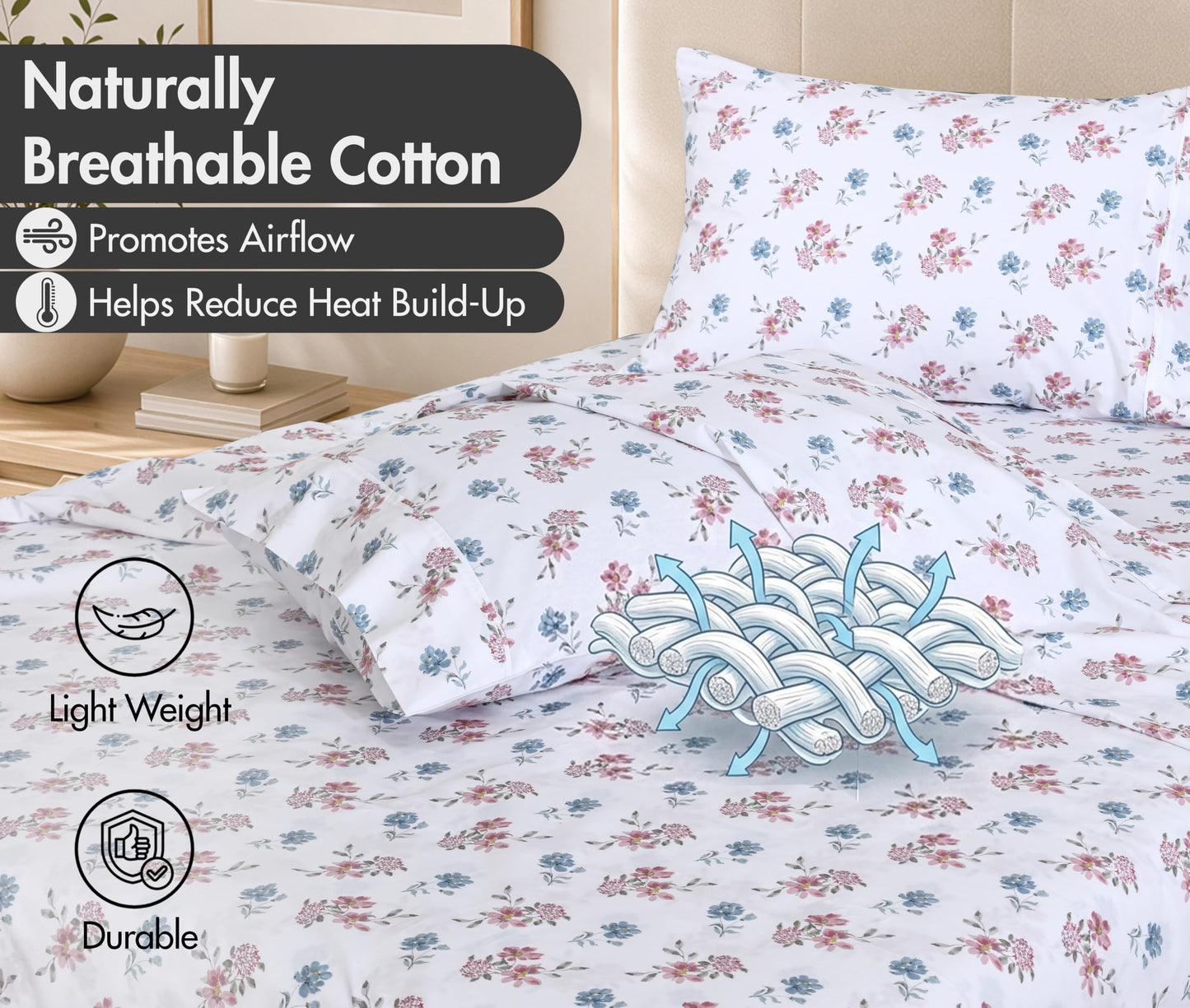 ZOYER 100% Cotton Sheets – Full Size Percale Bedding, Cooling & Breathable, Durable with a Crisp, Soft & Comfortable Feel, 16" Deep Pocket, 4-Piece Set, Flora Rhapsody