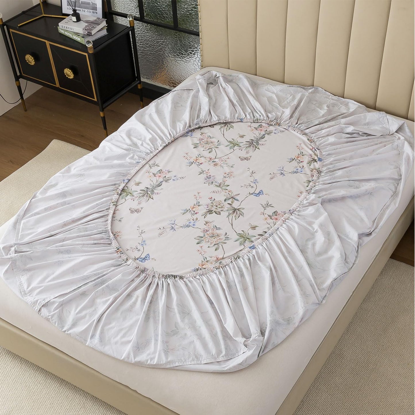 FADFAY California King Sheet Set Percale Cotton, Soft Deep Pocket Fitted Sheet, Country Style Floral & Butterfly Pattern Bedding for All Seasons, Crisp & Breathable for Hot Sleepers,4Pcs