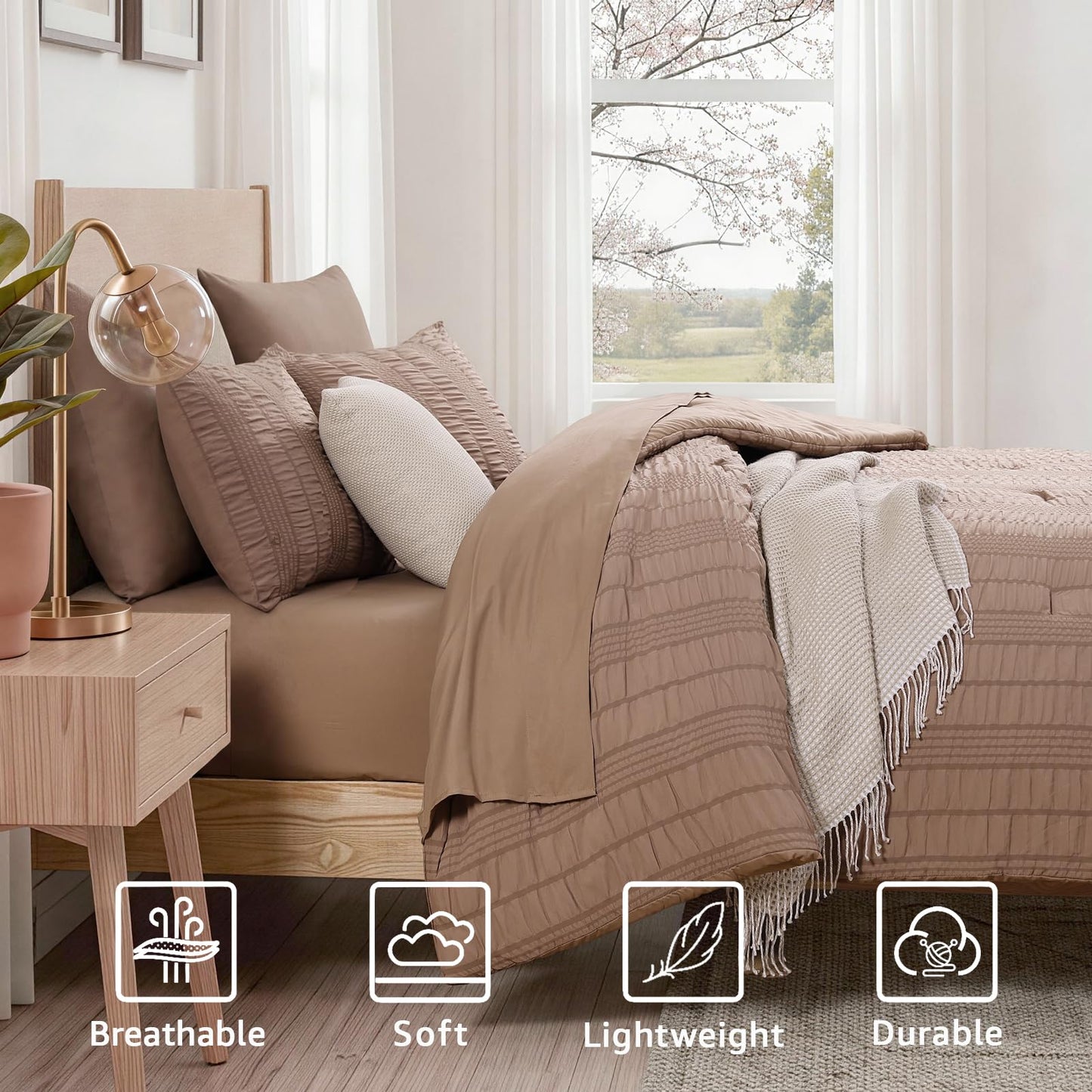 CASAAGUSTO Queen Comforter Set, 7 Pieces Brown Seersucker Bed in a Bag Queen Size Soft All Seasons, Bedding Sets with Comforter, Flat Sheet, Fitted Sheet, 2 Pillow Shams, 2 Pillowcases