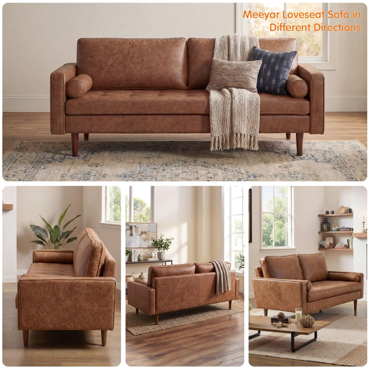 Meeyar 70" Mid-Century Modern Sofa Couch – Faux Leather Loveseat Sofa with Deep Seat & Solid Wood Frame – Includes 2 Accent Pillows –Dark Brown Living Room Bedroom Office