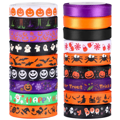 SANNIX 18 Rolls 90 Yards Halloween Ribbon Printed Grosgrain Ribbons 3/8″ Wide DIY Craft Fabric for Halloween Party Decor Gift Wrapping Ribbon