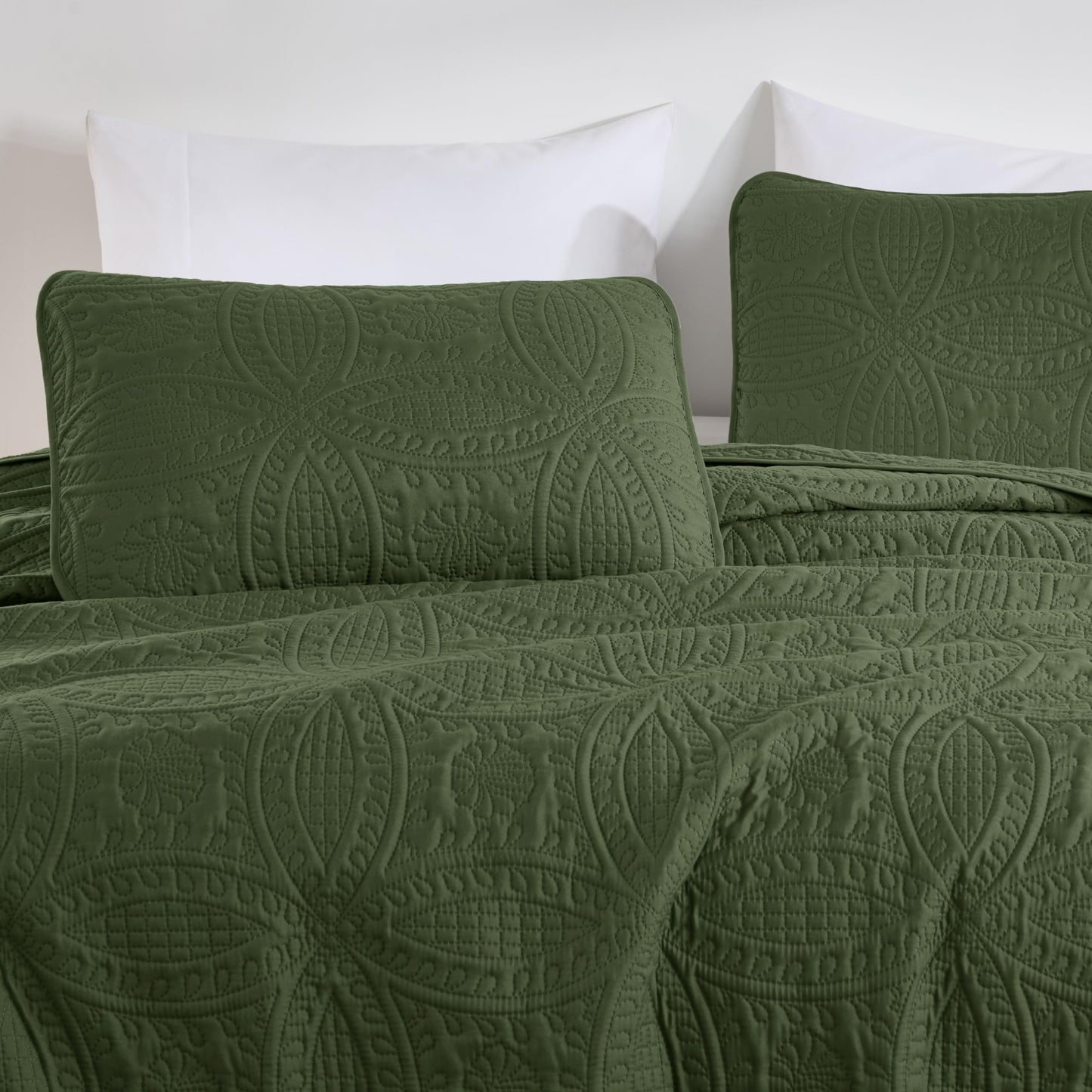 Chezmoi Collection Austin King Oversized Bedspread Set, 3-Piece Pinsonic Quilted Lightweight Microfiber Bedspread Coverlet, Olive Green