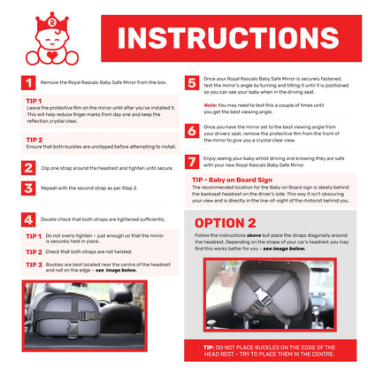 Royal Rascals Baby Car Mirror for Back Seat - Shatterproof Car Rear View Mirror w/360° Rotation, Adjustable Straps & Strong Mount, Essentials for Newborn Safety + Baby on Board Sign, Black