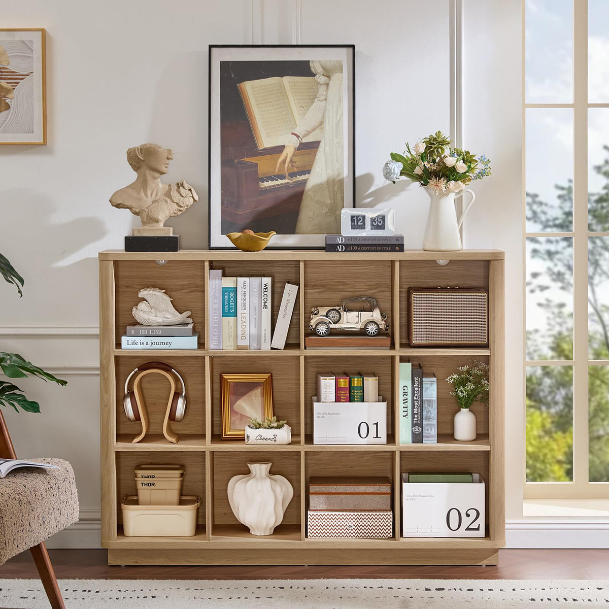 Joaxswe 12 Cube Storage Organizer, 41" Large Bookshelf with Curved Edge, Wood Floor Standing 3-Tier Cubby Bookcase with Base, Rustic Display Storage Cabinet for Living Room, Home Office, Natural Oak