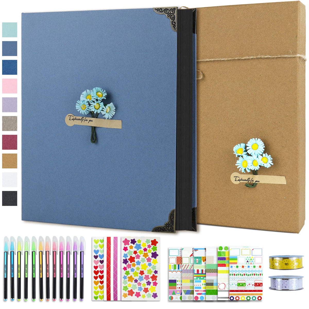 Vienrose DIY Scrapbook Photo Album Kit with Pens Tapes and Stickers 60 Pages Hardcover 8.5x11 Inches 3 Rings Removable Black Paper Scrapbooking for Lover Friends Kids Wedding Skyblue