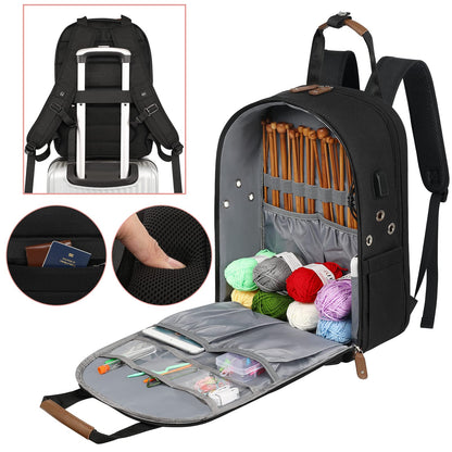 Crochet Bag Backpack,Knitting Bag Backpack and Totes Organizer with USB Charging Port, Large Yarn Storage Tote Bag Yarn Holder Case for Knitting Needles, Crochet Hooks,fits 15.6 inch Laptop,Black
