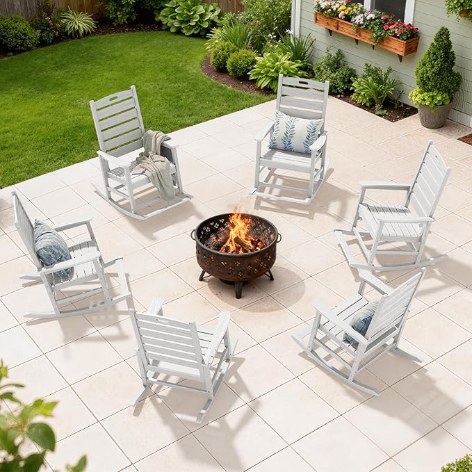 SERWALL Outdoor Rocking Chair Set of 4, Oversized HDPE Patio Rocking Chair with Footrest for Adults, All Weather Porch Rocker for Deck Patio Balcony, White