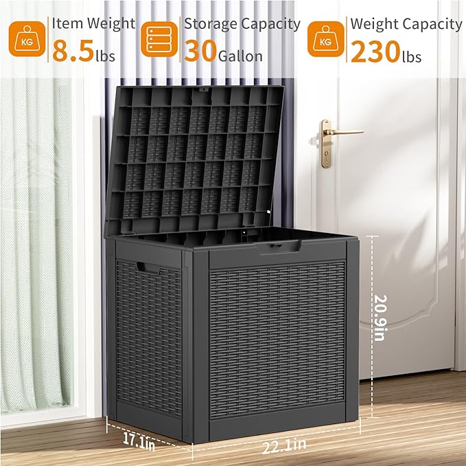 ROJIK 30Gallon Outdoor Storage Box - Waterproof Patio Furniture Deck Box, Garden Tools, Cushions, Pool Accessories Storage Bench with Lockable Lid and Side Handles (Black Rattan, 30 Gal)