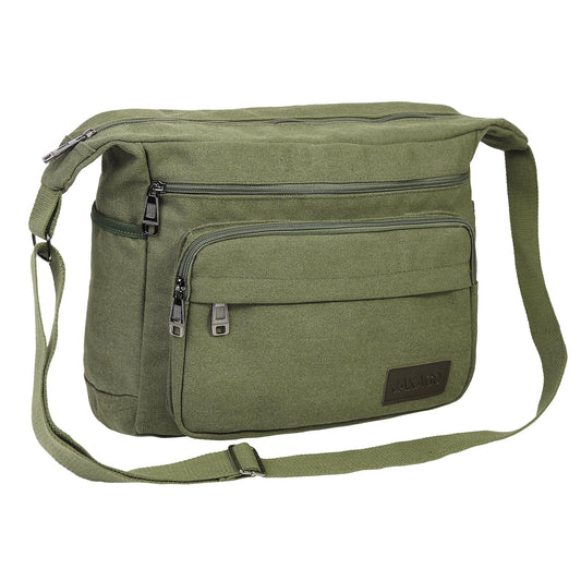 JAKAGO Canvas Messenger Bag Mens/Women Shoulder Bag with Multiple Pockets for School Travel Outdoor Fishing Camping Work Daily Use (15 inch,Green)