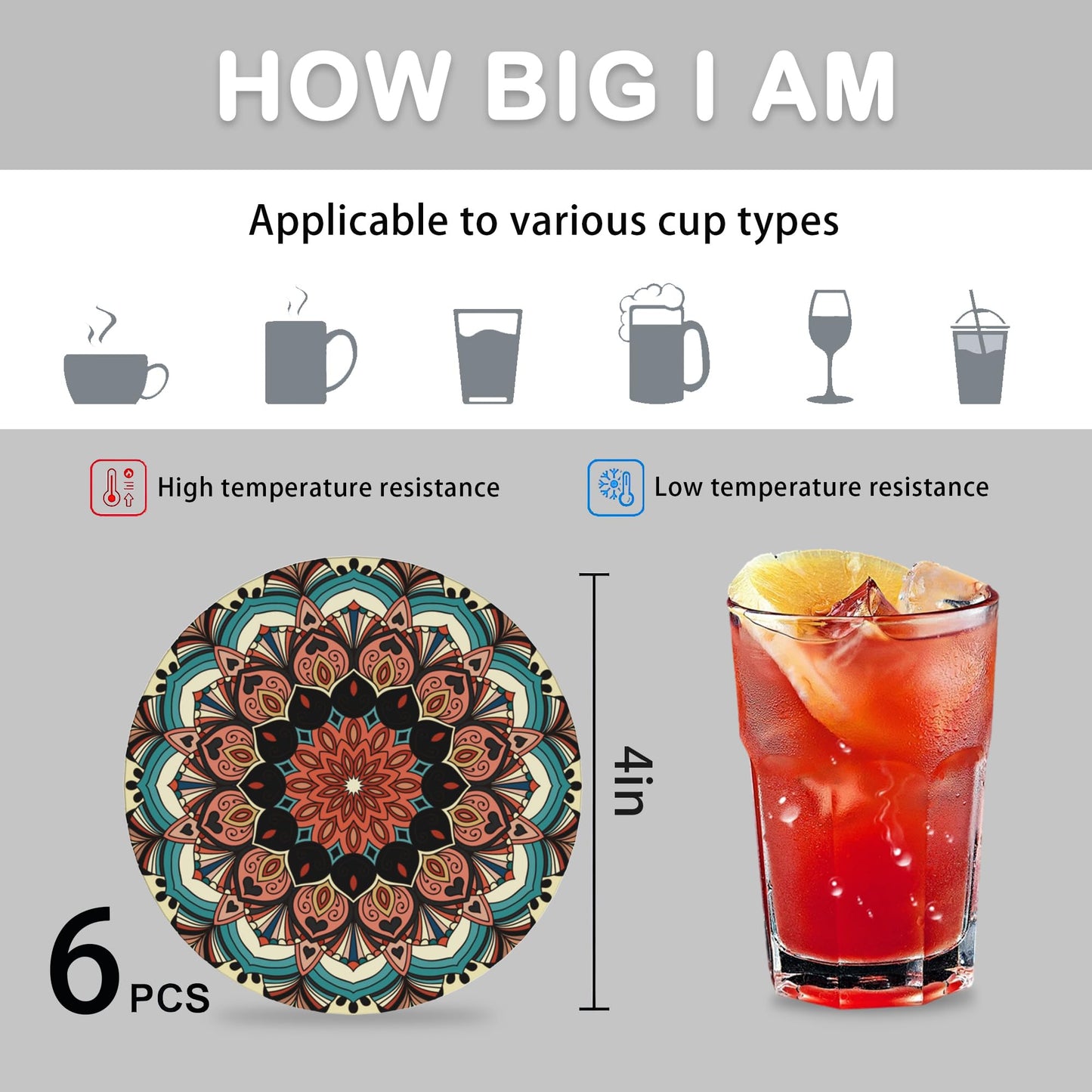 Drink Coasters for Drinks Set of 6,Mandala Absorbent Round Ceramic Stone Mat Coaster,with Cork Base and Metal Holder, Home Bar Decor House Warming Gift