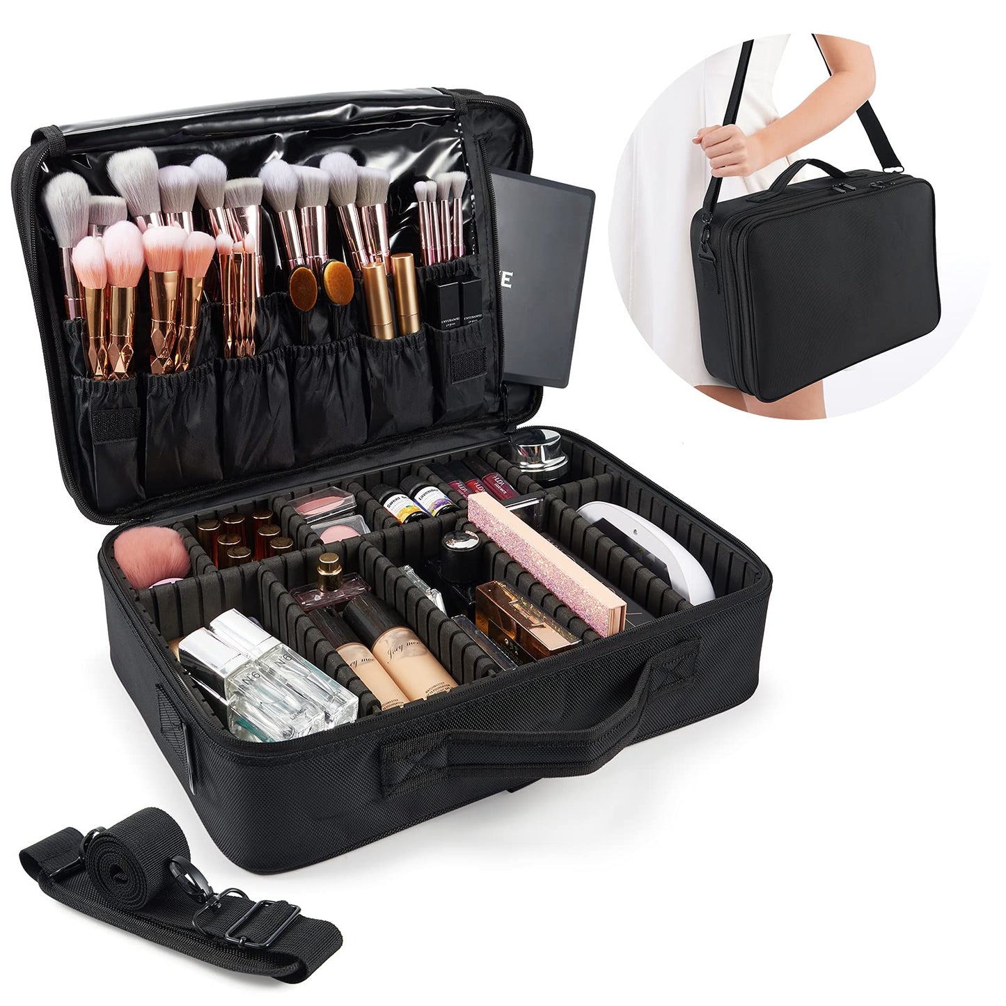 Makeup Bag Extra Large Travel Makeup Bag with Compartment Cosmetic Bags Makeup Organiser Bag Vanity Case Makeup case and Shoulder Strap, Black