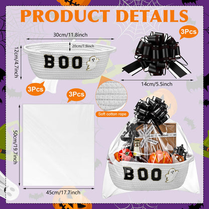 Acellegic 3 Sets Halloween Boo Basket for Gifts with Bows Ribbons Cute Boo Ghost Woven Candy Baskets Trick or Treat Bucket for Halloween Holiday Birthday Treat Wrapping Party Supplies (White)