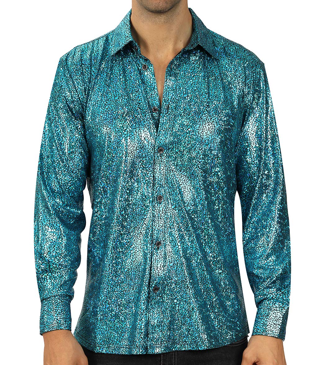 WULFUL Men Dress Shirt Sequins Long Sleeve Button Down Shirt Luxury Disco Party Nightclub Christmas Prom Costume