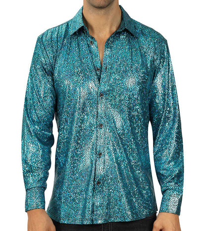WULFUL Men Dress Shirt Sequins Long Sleeve Button Down Shirt Luxury Disco Party Nightclub Christmas Prom Costume