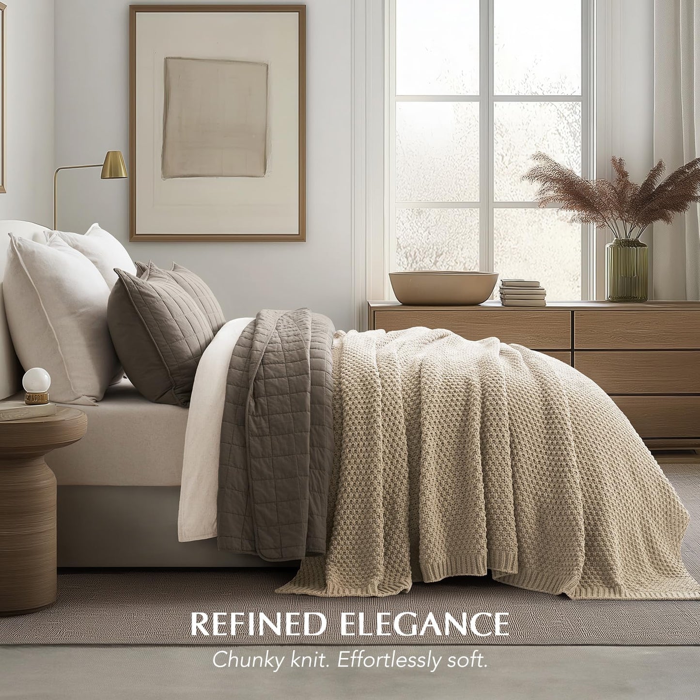 EVERGRACEHOME Chunky Chenille Knit Throw Blanket for Couch, Soft Luxurious Oversized Queen Moss Stitch Blanket for Bed, Cozy Farmhouse Knitted Throw for Sofa, Sand Dune, 90" x 90"