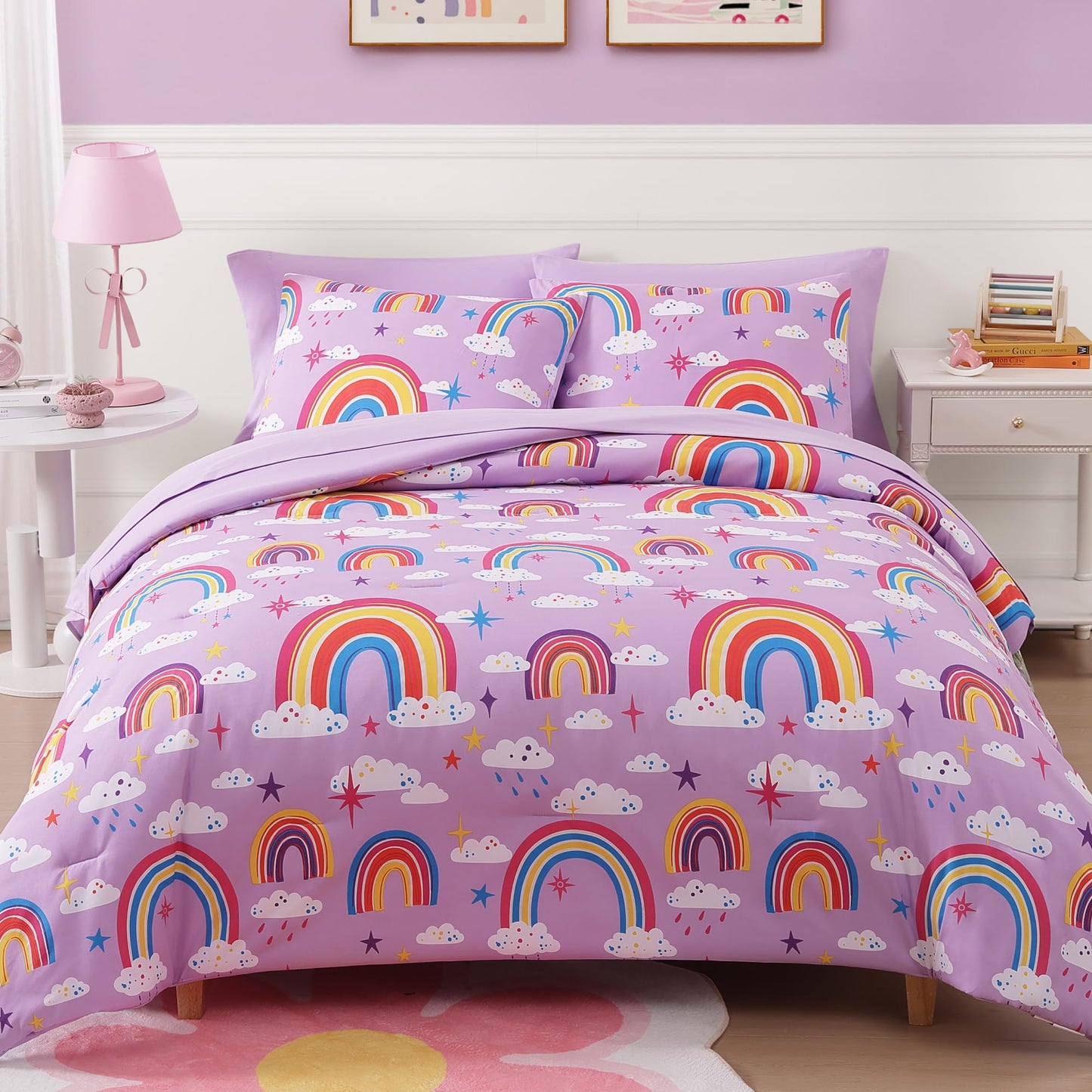 Wink Deer Full Size Comforter Set for Girls-7 Pieces Purple Rainbow Glow in the Dark Full Bedding Sets for Kids, Ultra Soft Bed in A Bag with Sheets