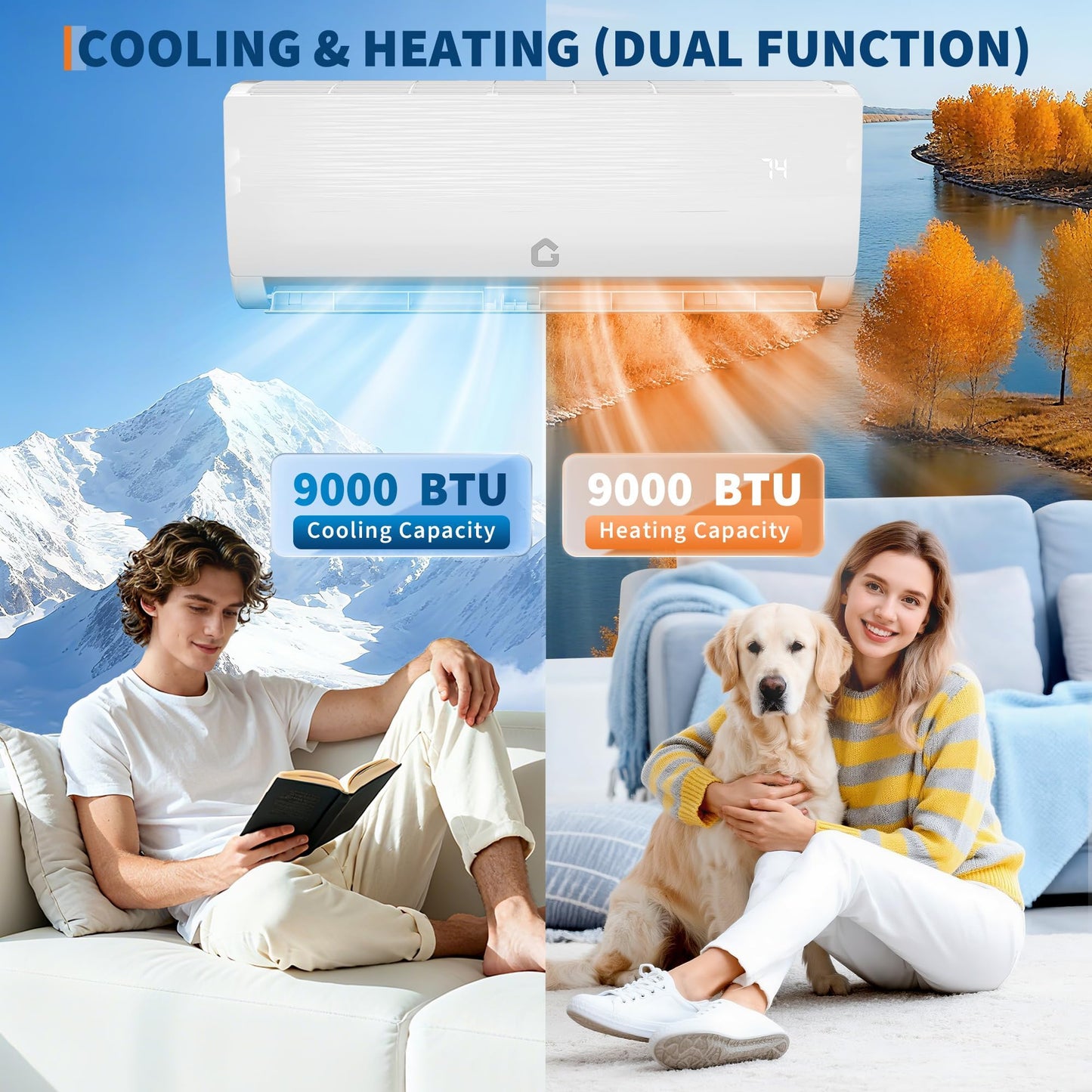 9,000 BTU Ductless Mini-Split Air Conditioner and Heat Pump – 19 SEER2 6-in-1 Inverter Wall-Mount Unit for Up to 450 Sq.Ft, Includes Installation Kit, 115V