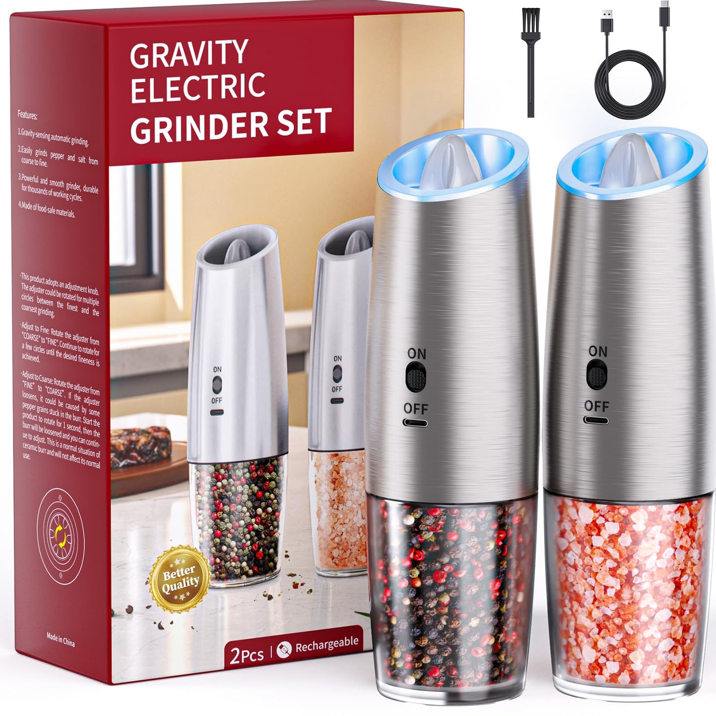 MealHelper Rechargeable Gravity Electric Salt and Pepper Grinder Set with LED Light, Type-C Fast Charging, Adjustable Coarseness, Large Capacity Grinder for Kitchen & Outdoor, (2 Pack-Stainless Steel)