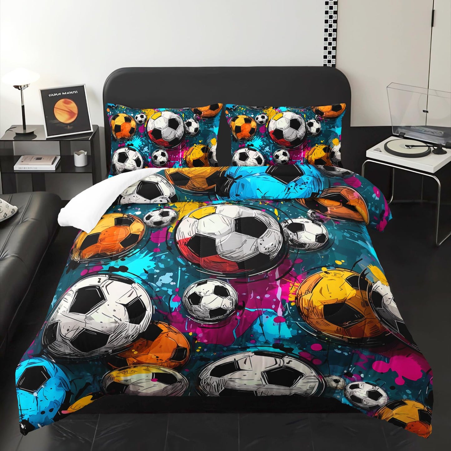 lneffble Soccer Comforter Twin Size,Sport Kids Comforter Set,3Pcs Bedding Set Printed Comforter with 2 Pillowcases,Down Alternative,Soft and Lightweight,for All Seasons