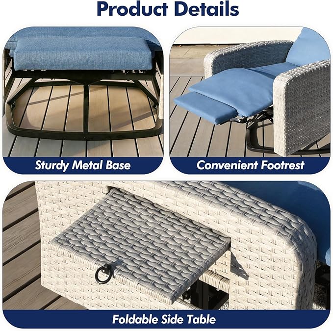 Outdoor Recliner Chair, Wicker Patio Recliners with Adjustable Backrest and Extended Foot Rest, Reclining Patio Chairs with Flip Table & Removable Cushion Cover for Porch