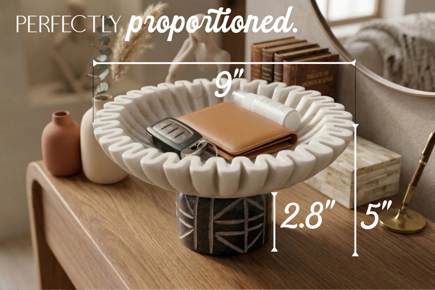 The Serene Atelier Marble Decorative Bowl for Home Decor - 100% Natural Stone | Handcrafted | Pedestal Marble Bowl - Versatile 9" Catch All for Entryway