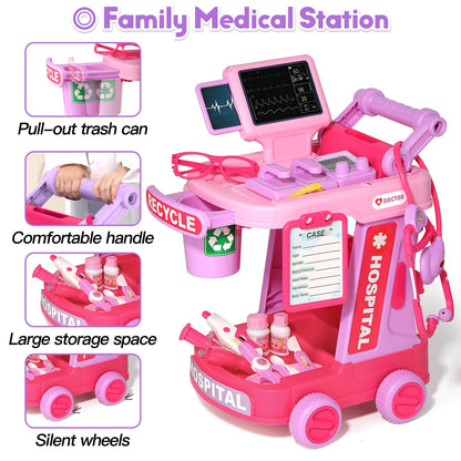 Phobby Doctor Kit for Toddlers Aged 3 4 5, Medical Pretend Play Set for Kids with Bag and Costume, Doctor Cart Toy for Girls Boys Birthday Gift (Pink)