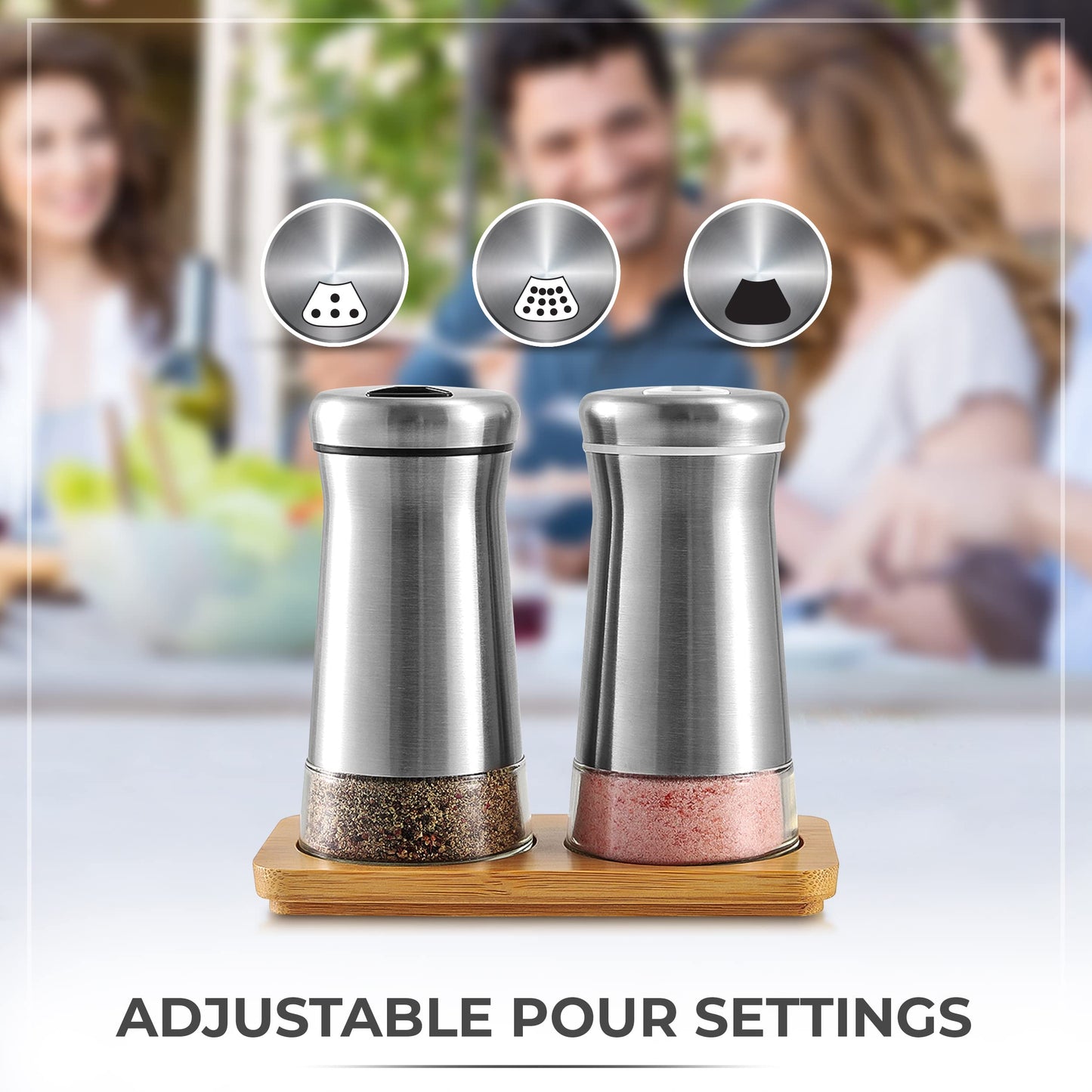 Salt and Pepper Shakers set with Adjustable Pour Holes - Elegant Stainless Steel Spice Dispenser - Perfect for Himalayan, Table Salt, White and Black Pepper (Salt & Pepper Shakers Set + Bamboo Stand)