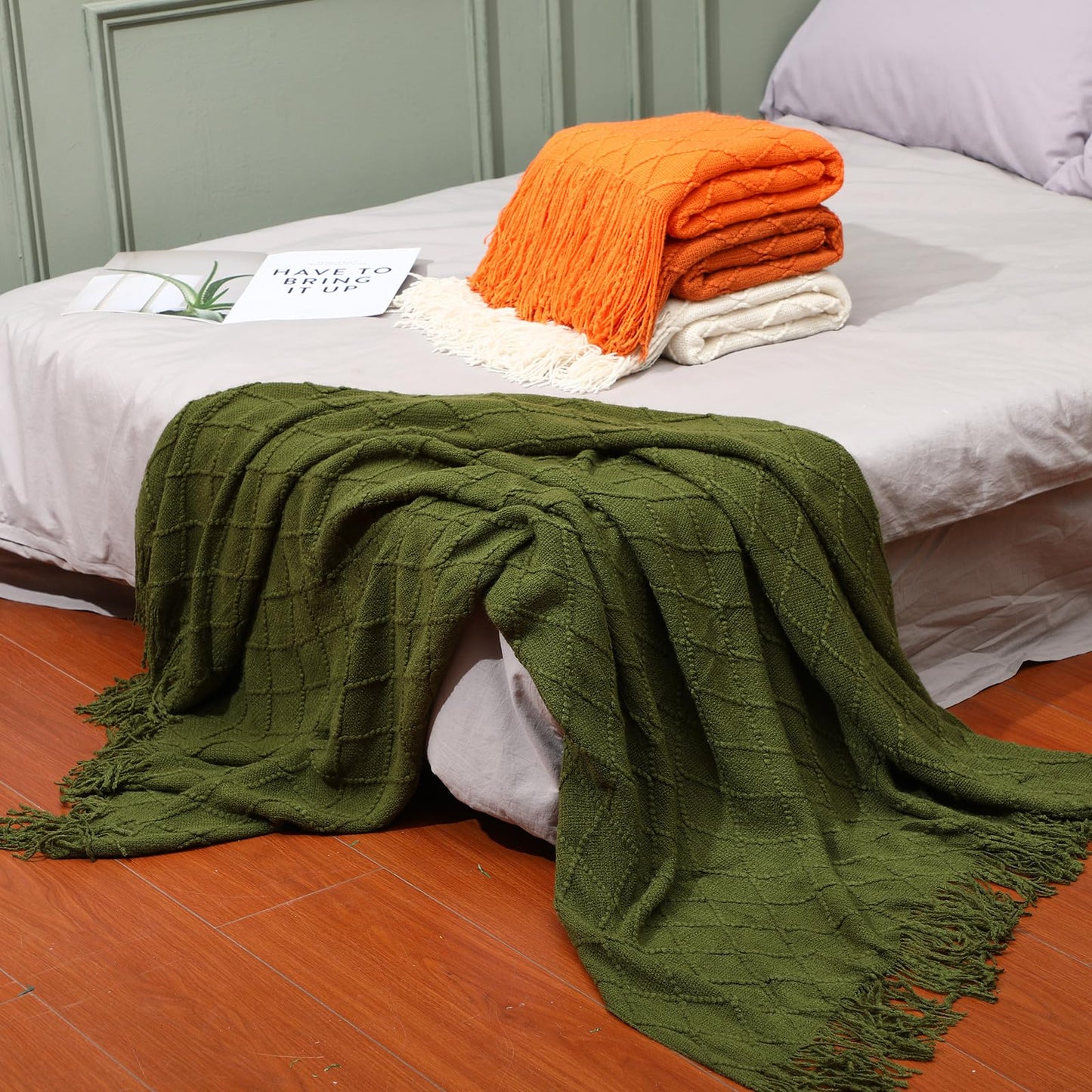 Drydiet 4 Packs Knitted Throw Blanket Soft Throw Blanket with Tassel for Bed and Couch 50" x 60" Decorative Throw Blanket King Knit Blanket for Living Room Home Farmhouse Bed Sofa Decor (Morandi)