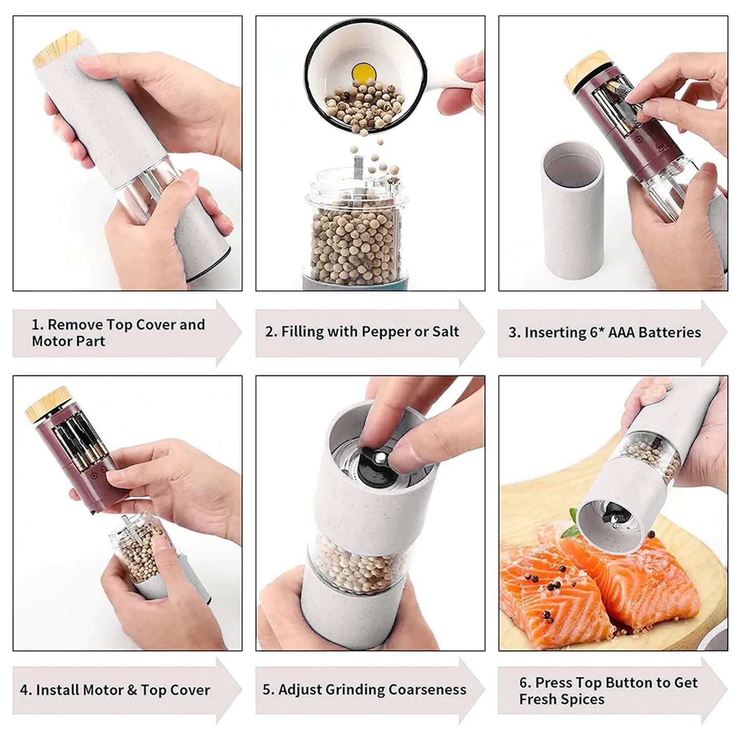 MEHIDFY Electric Salt and Pepper Grinder Set, 2 Pack Salt and Pepper Grinder Battery Operated, One-Handed Automatic Salt and Pepper Mill Grinder with LED Light, Adjustable Coarseness (White)