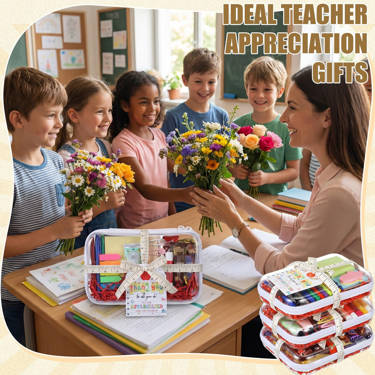 Pickmesh 6 Sets Teacher Appreciation Gifts Box Clear Hard Shell Zipper Case with Thank You Cards and Ruler Ribbon Paper Shred Filler for Gift Wrapping Teacher Appreciation Week Graduation Present