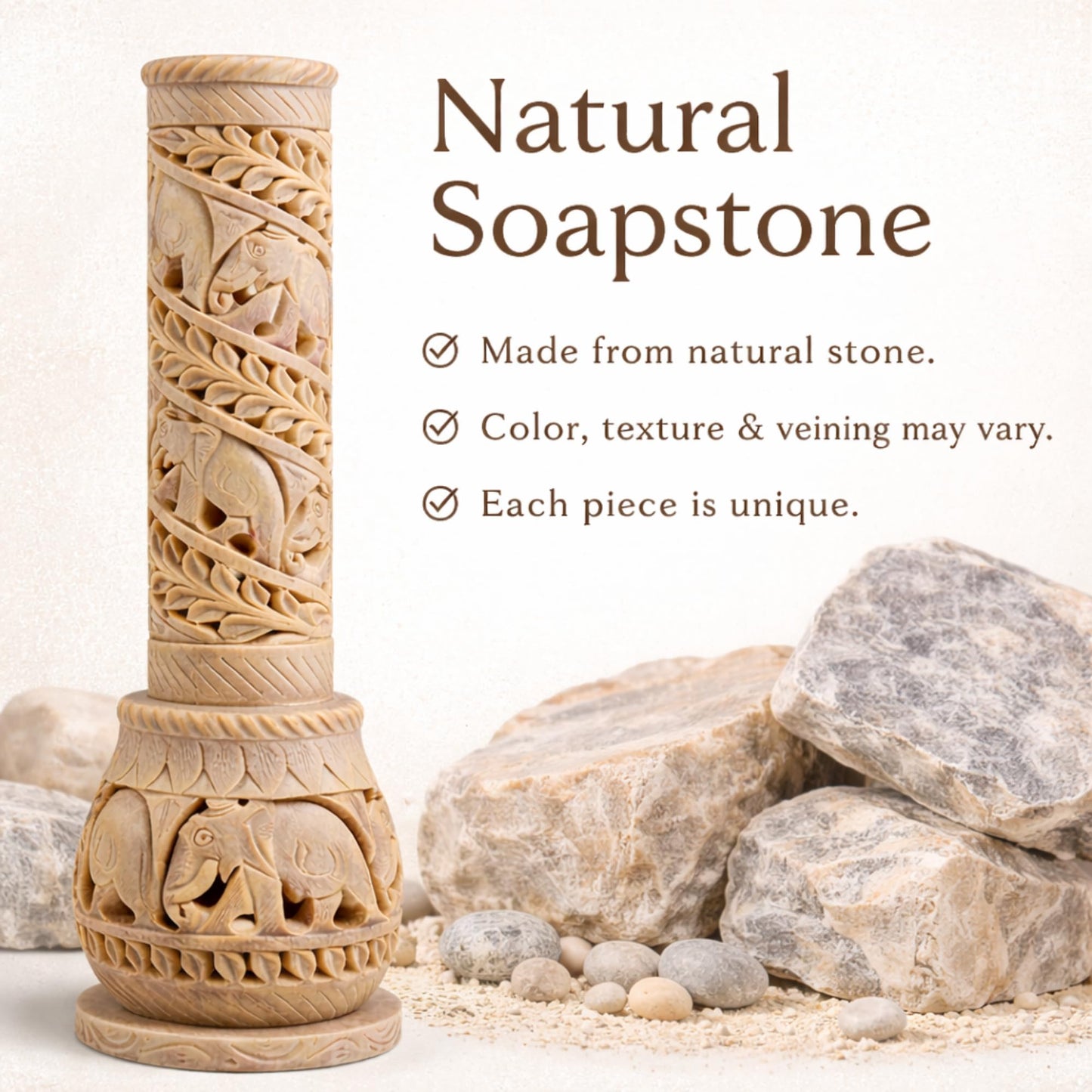 Carry Me Hand Carved Soapstone Incense Stick Holder | Candle Burner | Tea Light Stand. Elephant Jaali Carving Bottle Shape. Decorative Home and Kitchen Decor - (3x3x10.5 Inches)