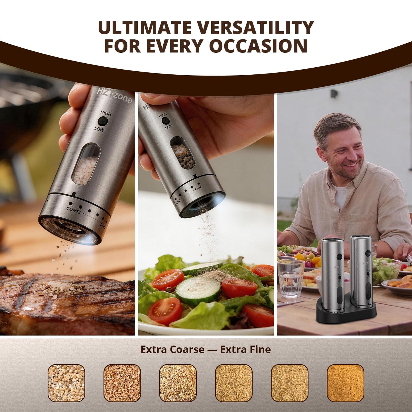 Electric Salt and Pepper Grinder Set with Charging Base, Rechargeable, 6 Coarseness Levels, 2 Speeds, LED Light, One-Touch Operation, Arthritis Friendly, Rust-Free Ceramic Core, Dust Caps, 2 Grinders