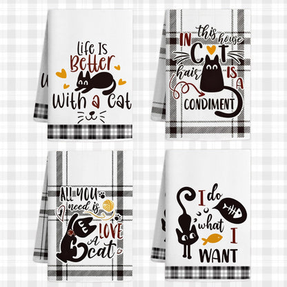 Vetoxka 4 PCS Black Cat Decor Kitchen Towels - Set Quick Drying Cute Hand Tea Dish Towel for Accessories Checkered Funny Saying Kitty Plaid for Cat Lover Home Decorations Bathroom Housewarming Gifts