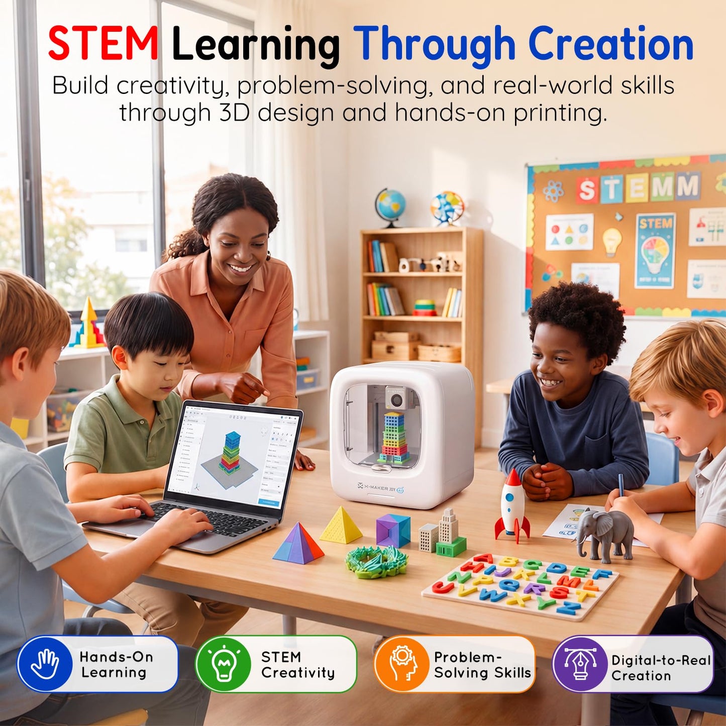 AOSEED 3D Printer for Kids, Fully Assembled AI 3D Printer with 8,000+ Models & 17+ Modules, 400mm/s High Speed, Leveling Free, STEM Toy Gift with 1 PLA Filament for Home & School, X-Maker Joy AI+
