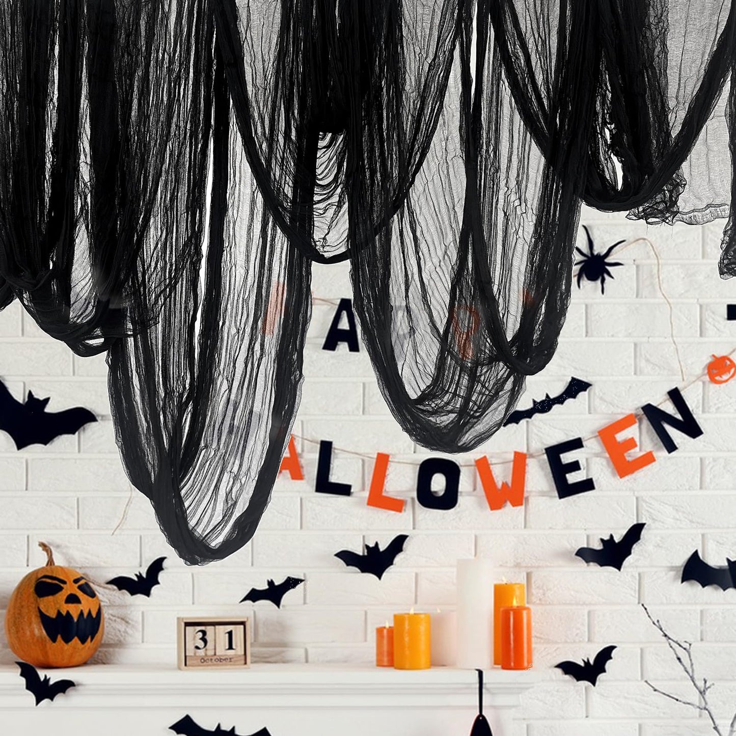 letesult 400 x 85 Inch Halloween Black Creepy Cloth - Large Halloween Spooky Cloth Windows Doorways Cover Scary Creepy Gauze Haunted House Decoration for Halloweens Indoor Outdoor Party Supplies