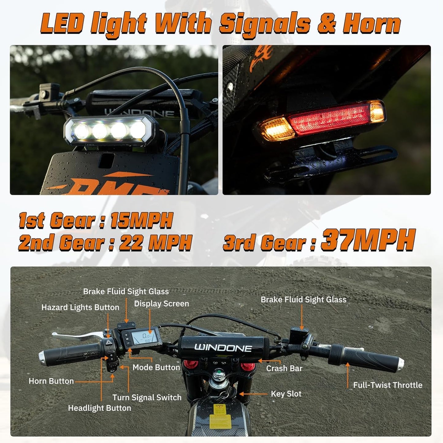 WindoneRide RM7 Electric Dirt Bike for Adults & Teens, 2200W Peak Ebike, 48V 22.5Ah, 37 MPH, 45 Miles, 14"/12" Tire Off-Road Electric Motorcycle, Dual Hydraulic Brakes, Fit Age 13+,Obsidian Black
