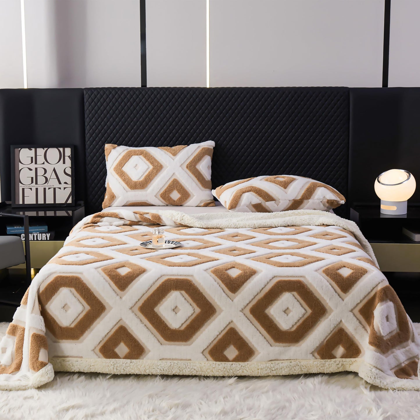 LEVINIS Boho Sherpa Fleece Blanket 80'' × 90'', Ultra Soft Aztec Queen Blankets for All Season, Cozy, Plush, Bohemian Throw Blanket for Bed/Couch/Sofa/Office/Camping, Camel