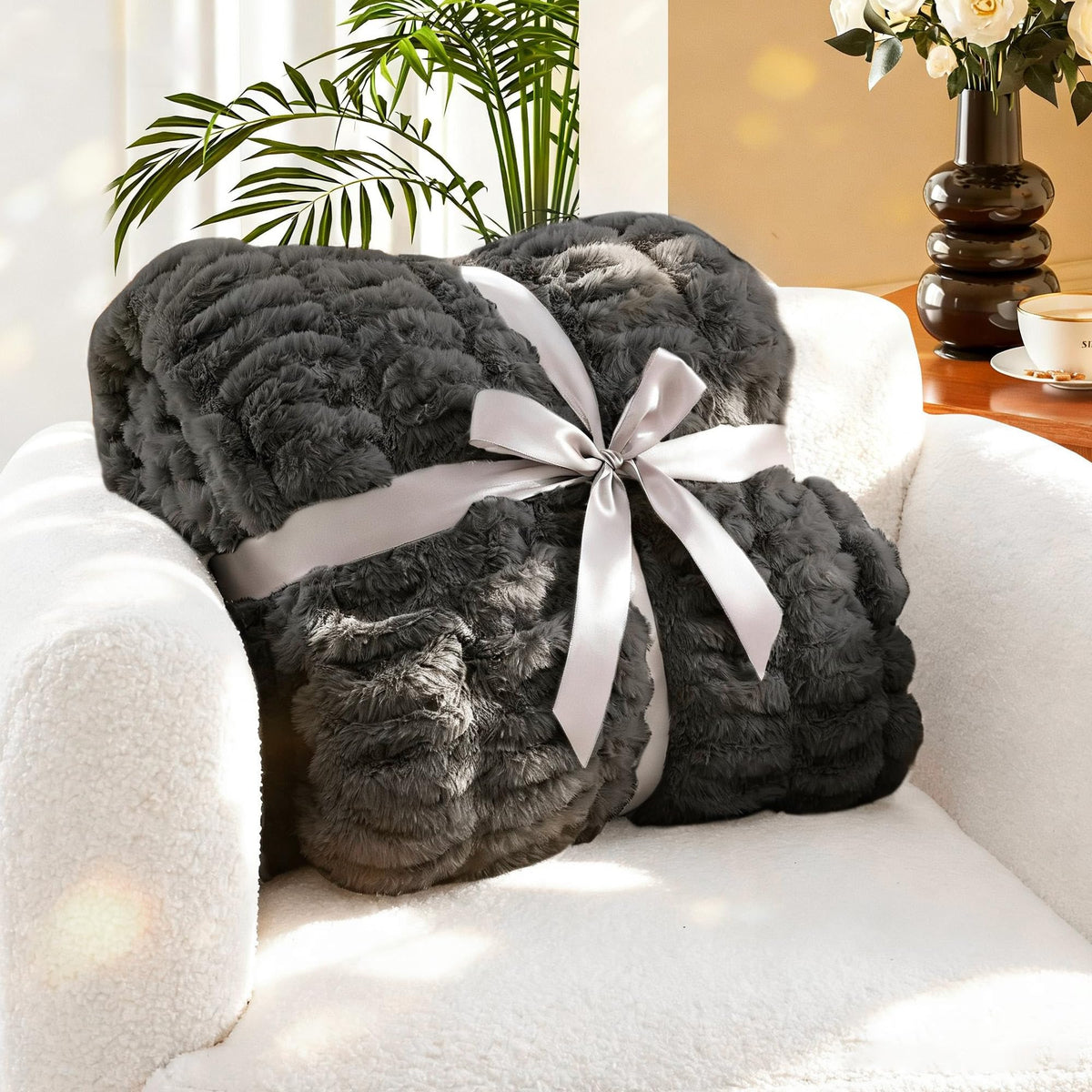 Tejoe Ultra-Soft Faux Rabbit Fur Throw Blanket 50"x60",Cozy Fuzzy & Plush Throw for Couch & Bed, Super Heavy Warm Fluffy Thick Blanket for Sofa Bedroom Living Room Home Decor - Dark Grey
