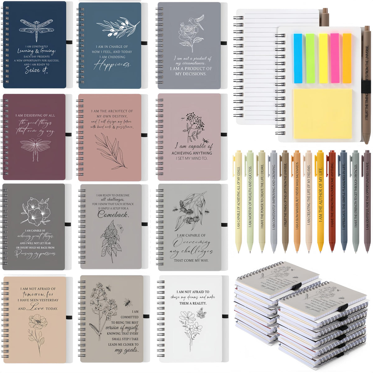 Kosiz 24 Pcs/12 Set Positive Affirmation Gifts for Women Bulk Gratitude Spiral Notebook Journals with Pens Self Care Mental Health Gifts Employee Coworker Teacher Nurse Volunteer Mothers Day (Simple)
