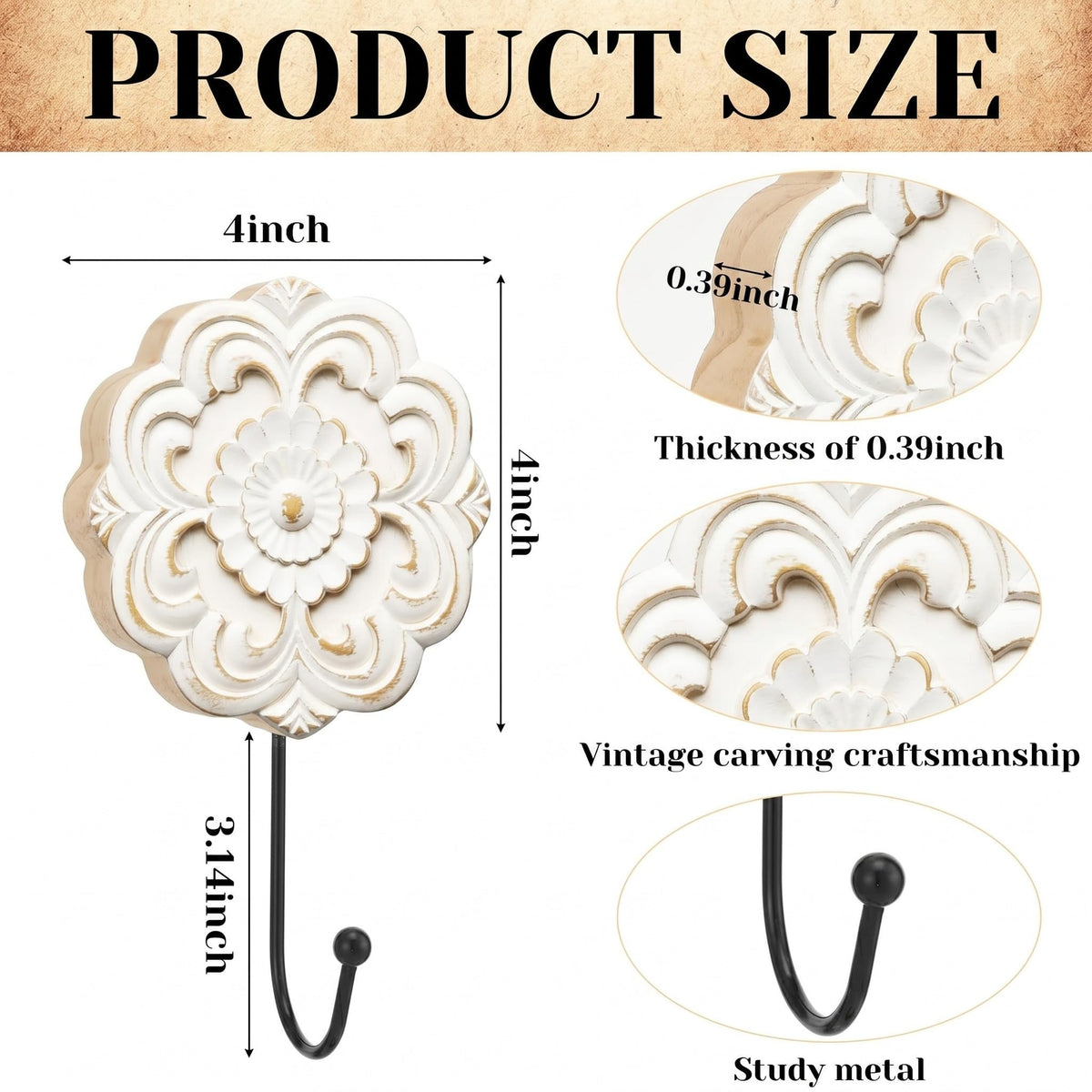 Novabright 3 Pcs Boho Wooden Wall Hooks, White Distressed Flower Decorative Wall Mounted Hooks for Bathroom, Entryway, Bedroom, Hanging Towels, Keys, Hats, Coats
