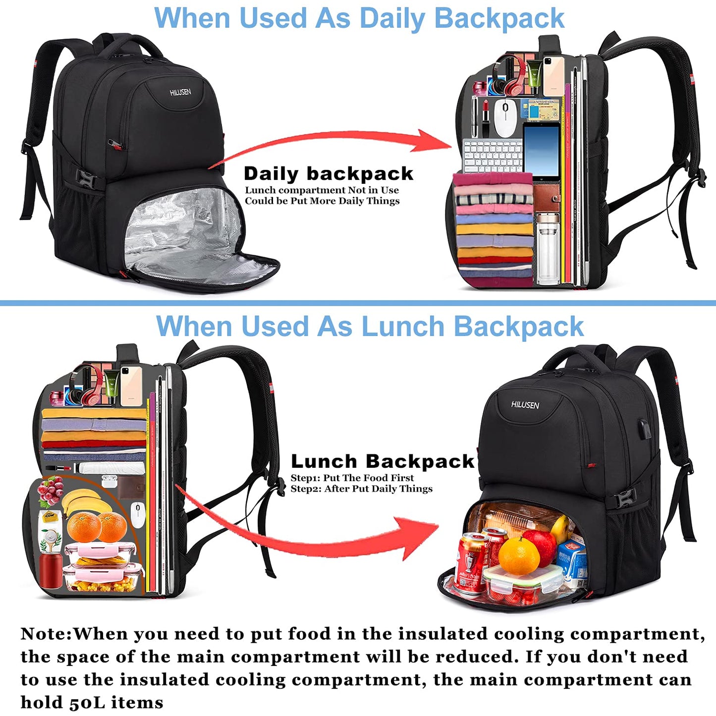 Extra Large Backpack for Men 50L,Lunch Backpack Work Bag Travel Laptop Backpack 17.3 Inch with USB Charging Port,Water Resistant Big Business Computer Rucksack for Men Women College School Black