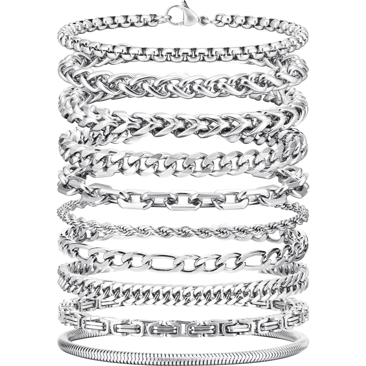 VNOX Silver Chain Bracelet for Men - 10 Pcs Solid Stainless Steel Rope/Figaro/Paperclip/Cuban Link/Snake Curb Chunky Chain Bracelet Set Wrist Band for Men Women,Mens Jewelry Set