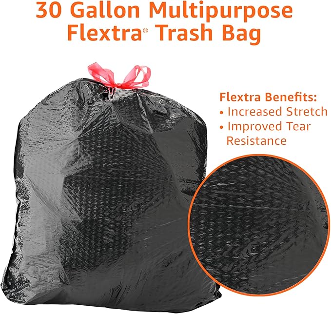 Amazon Basics Flextra Multipurpose Drawstring Trash Bags, 30 Gallon