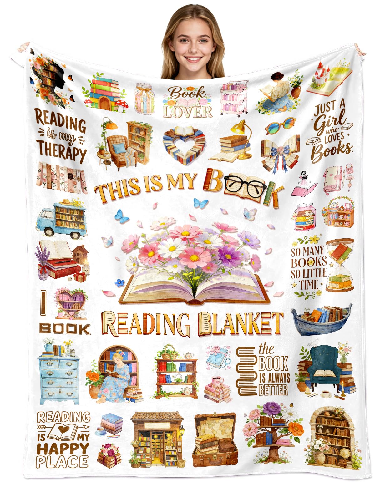 Book Blanket Gifts for Book Lovers Soft Flannel Reading Throw Blanket Merch Stuff Decor for Women Girls 50"X 40"