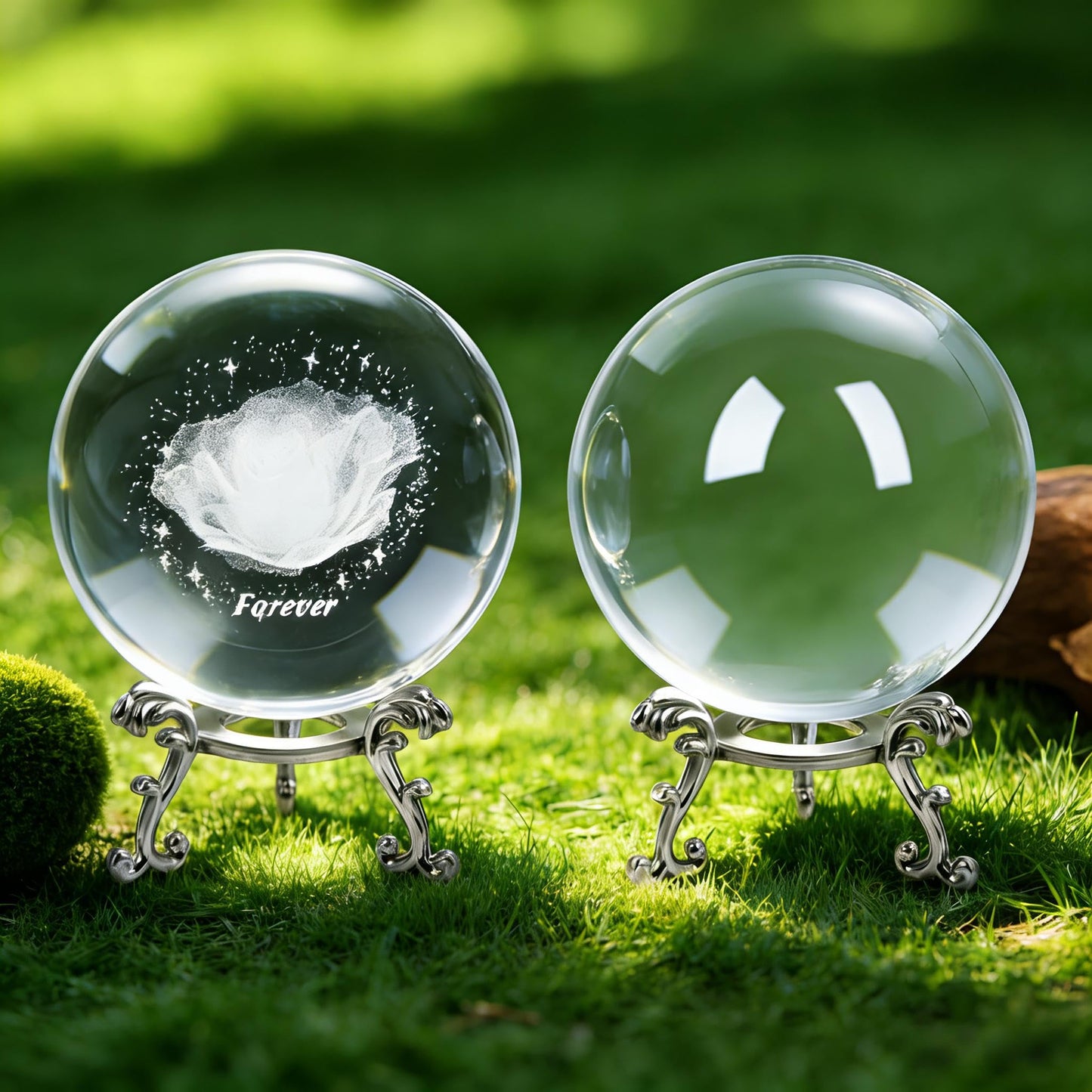 2Pcs Crystal Balls with Silver Stands - 3D Laser Engraved Rose & Clear Crystal Sphere Set, Decorative Paper Weights, Home & Party Decor, Photography Props,Birthday Gifts for Girls Women & Mom