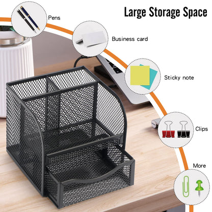 BiSiViO Mesh Desk Organizer, Metal Pencil Holder, Pen Holder for Desk with Drawer, Desktop Accessories, Multi-functional Caddy Pen Organizers with 3 Compartments for Office Art Supplies - Black